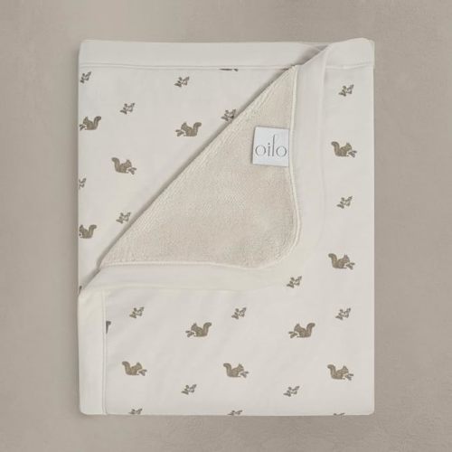 Oilo Baby Blanket, Luxury Plush Chenille Backing & Organic Cotton Jersey Print, Double Layered, 30" x 40", Rolled Jersey Edge Trim, Infant & Toddler Size, Heirloom Organic Collection, Squirrel