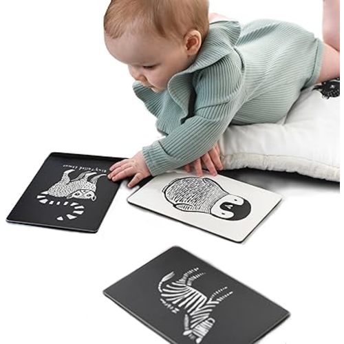 Art Cards for Baby, Durable High Contrast Black and White Animal Flashcards for Newborns, Brain Development,Tummy Time Essentials for Infant and Toddler - Black and White Animals