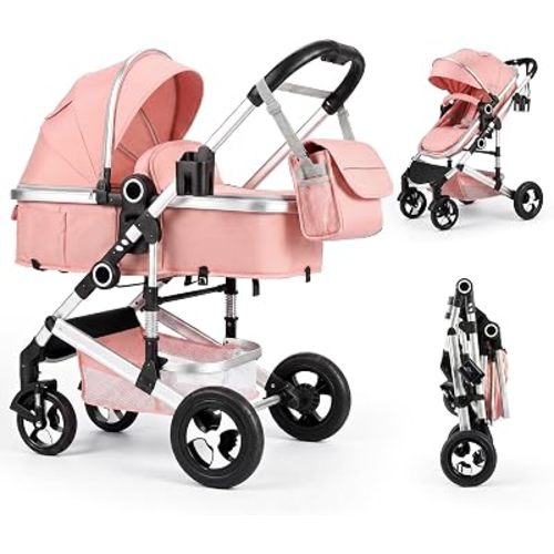 2 in 1 Foldable Stroller for Newborn w/Reversible Seat, Pink