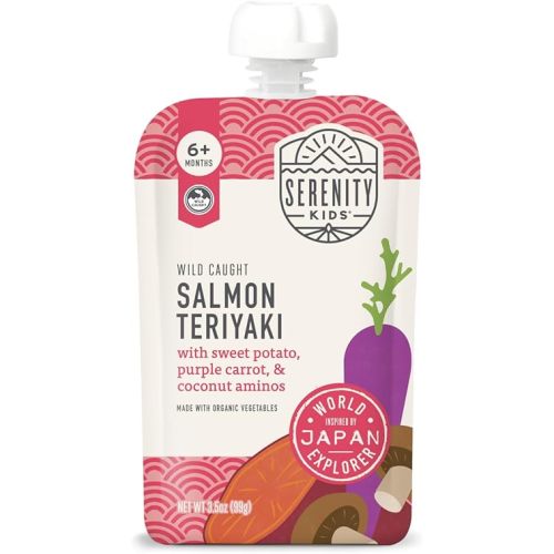 Serenity Kids 6+ Months World Explorers Baby Food Pouches Puree Made with Ethically Sourced Meats & Organic Veggies - 3.5 Ounce BPA-Free Pouch - Salmon Teriyaki - 12 Count - Salmon for Baby Puree