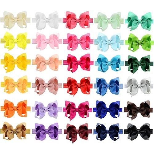 WillingTee Baby Girls 4.5 Inch Grosgrain Ribbon Boutique Hair Bows Headband, 30 Colors - Fantastic Hair Accessories for Baby Girls, Infants, Toddlers, Kids, Children & Teens