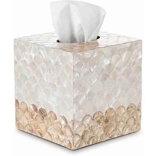 Coeusy Tissue Box Cover, Boho Decoraive Tissue Box Holder with Capiz Shell, Handmade Tissues Cube Box Cover for Bathroom Decor Accessories,Vanity,Bedroom or Office,Square(White and Golden Fish Scales)