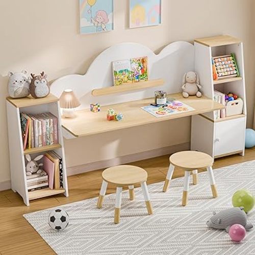 Xilingol Kids Desk with Storage and 2 Stools, Wooden Children Study Desk and Chair Set with 5 Bookshelves & Cabinets, Montessori Cloud-Style Art Desk for 2 Kids, Ages 3-8, Bedroom, Boys, Girls