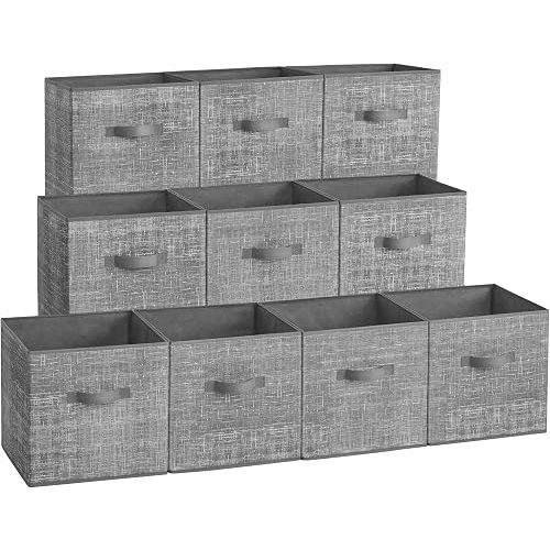 SONGMICS Storage Cubes, 13-Inch Non-Woven Fabric Bins with Double Handles, Set of 10, Closet Organizers for Shelves, Foldable, for Clothes, Cattail Gray UROB133G01