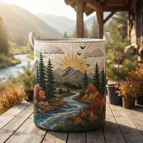 Majestic Mountain Quilted Laundry Basket: Nature Landscape Hamper, Forest Sunset Storage Bin
