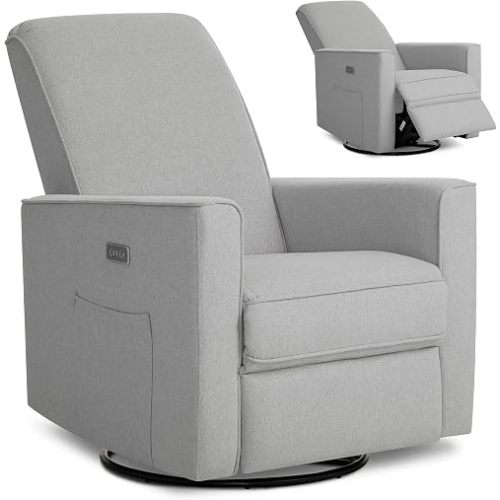 évolur Harlow Upholstered Power Glider Recliner with USB Charging – Rocking & 275° Swivel with Smooth Glide – Greenguard Gold & FSC Certified – Modern Nursery and Living Room Chair in Light Grey