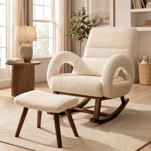 COMHOMA Rocking Chair Nursery with Ottoman, Boucle Teddy Fabric Glider Rocker with High Backrest & Lumber Pillow,Modern Upholstered Accent Armchair with Solid Wood Legs for Living Room,Bedroom(Cream)