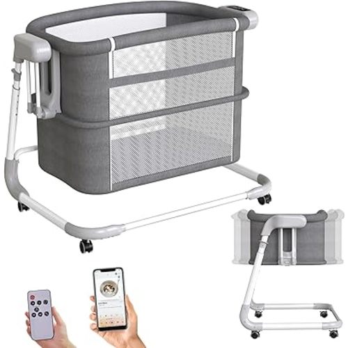 Electric Rocking Bassinet, Automatic Bluetooth Baby Bassinet with Wheels,4 Height Adjustable Baby Bassinets Bedside Sleeper, 5-Speed Swing Smart Infant Newborn Rolling Crib(deep Gray)