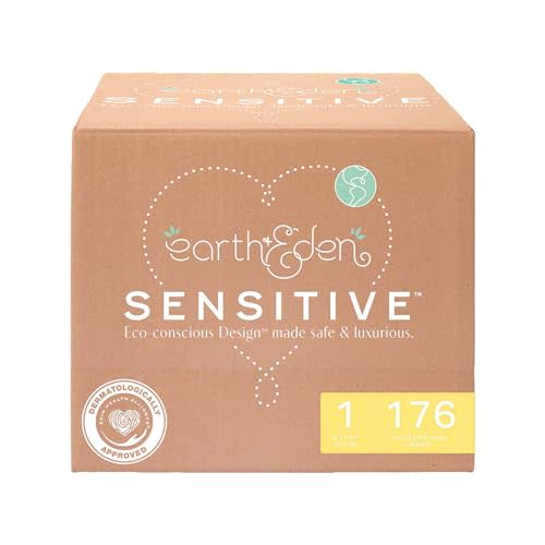 Earth & Eden Sensitive Baby Diapers, Size 1 (176 Count) - Eco-Conscious & Hypoallergenic Diapers - No Harsh Chemicals - Comfortable and Gentle on Skin - Dermatologically Approved