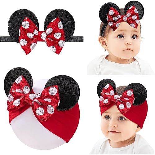 choicbaby Baby Girl Headbands Mouse Ears Headwrap with Sequin Polka Dot Bow Soft Stretchy Nylon Hair Bands for Newborn Infant Baby Toddler Girls- Pack of 2