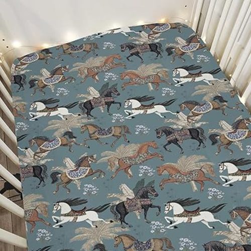 Vintage Horses Baby Crib Sheets for Boy Girl 52x28Inch Retro Arabian Horses Palm Trees Soft Stretchy Fitted Crib Mattress Covers Horse Lovers Baby Sheet Fits Crib and Toddler Bed Mattresses Blue