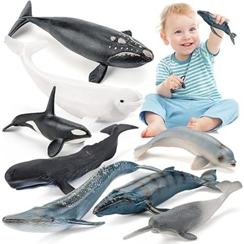 8PCS Whale Figurines Toys for Toddlers, Realistic Ocean Animals Figures Sea Creatures Toys for Kids Includes Beluga Orca Blue Whale, Birthday Party Favors & Gifts for Boy Girl