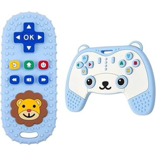 Baby Teething Toy, Soft TV Remote and Game Controller Shape Chew Set, Educational Toy for Intellectual Development, Safe Silicone for Toddler and Infant (Blue (Panda Handle + Lion Remote Control))