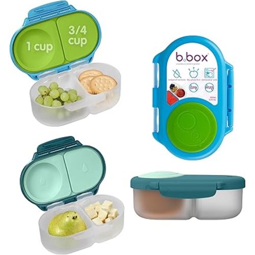b.box Snack Box 2 Pack - Leak Proof Mini Bento Box for Kids & Toddlers, 2 Compartment Snack Containers for Kids, Dishwasher Safe, BPA Free, PFAS Free, Ages 4m+, 1 3/4 Cup Each (Ocean Blue + Forest)