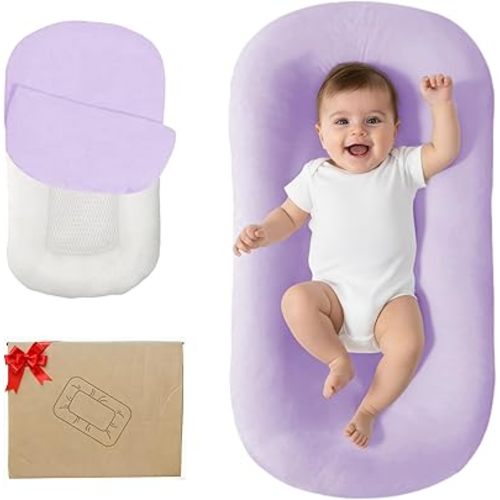 Lucakuins Baby Lounger, Bionic Design Baby Lounger for Newborn 0-24 Months, Soft Organic Cotton Breathable Lounger for Infants (Violet)