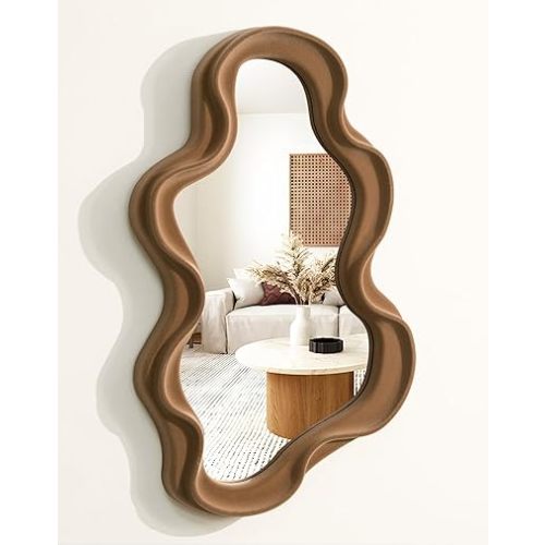 Irregular Wall Mirror Living Room Decor, Cloud Decorative Mirrors with Flocking Touch, Modern Wavy Mirror for Hallway Entryway Staircase Bedroom, Over The Door Wall Art Decoration (Brown)