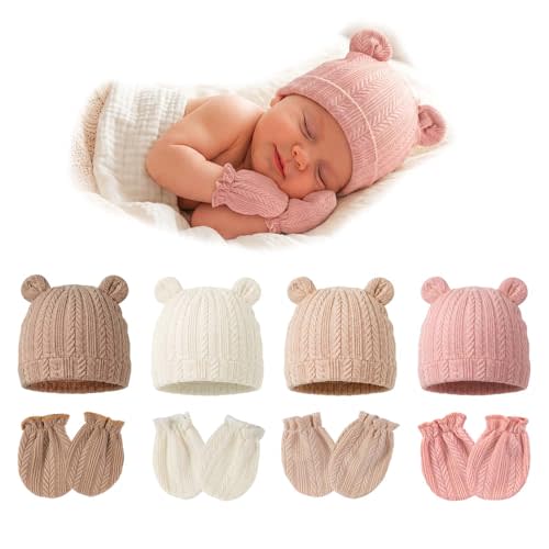 4 Pack Newborn Girl Hats and No Scratch Mittens Set 0-3 Months | 3D Bear Ear Baby Beanies for Newborn Girls Soft Cotton Infant Hat Mitten Pack Various Color Combinations