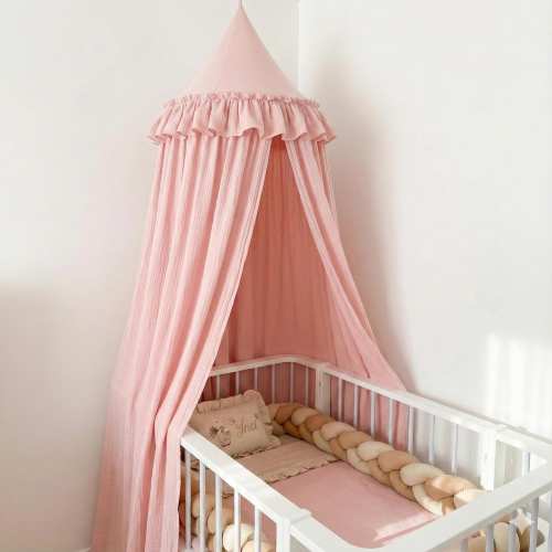 Pink Ruffled Bed Canopy for Girls Nursery, Princess Dome Canopy for Crib & Kids Room, Reading Nook Play Te