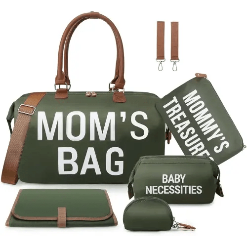 printe 6pcs Large Diaper Bag Tote with Changing Pad & 2 Organized Pouches, Mom's Bag for Hospital with Pacifier Case, Straps, Stroller Hook, Baby Diaper Bag for Weekender Travel, Olive Green