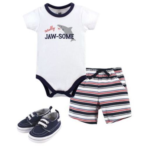 Hudson Baby Infant Boy Cotton Bodysuit, Shorts And Shoe 3pc Set, Jawsome, 0-3 Months