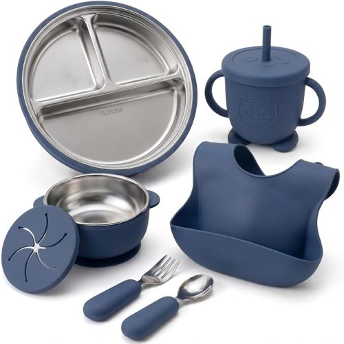 Stainless Steel & Silicone Toddler Feeding Set, 7 Piece Kids Dinnerware with Divided Plate, Bowl, Training Cup with Straw, Bib, Fork and Spoon, BPA‑Free, Food‑Grade for Children (Color Blue)
