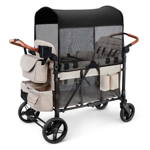 Matladin Wagon Stroller for 4 Seats, All-Terrain Wagon for Toddler with Canopy, Adjustable Handlebar, 5 Point Harness, Phone Holder, Shoulder Bag, Beige