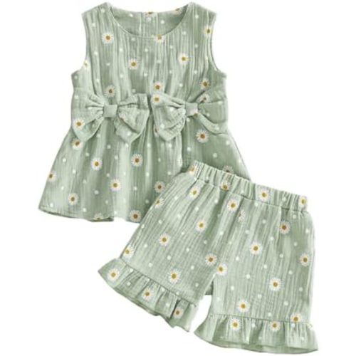Kupretty Toddler Girl Summer Linen Bows Cami Top Ruffle Short Set