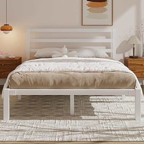 Full Size Bed Frame, Metal Platform Bed Frame with Headboard, Mattress Foundation with Spacious Underbed Storage, No Box Spring Needed, Easy Assembly, White