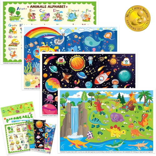 Disposable Placemats for Baby with 4 Mixed Designs, Kids Placemats in Animal, Space, Ocean, Dinosaur Styles, Sticky Toddler Placemat for Restaurants (12x18 Inch (Pack of 20))