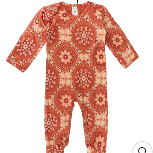 long sleeve lap neck footie | 70s floral wallpaper | bamboo