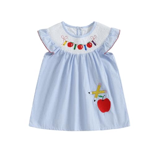 Mobbdow Toddler Girl Back to School Dress Embroidery Short Sleeve Smocked Dress First Day of Preschool Kindergarten Outfit
