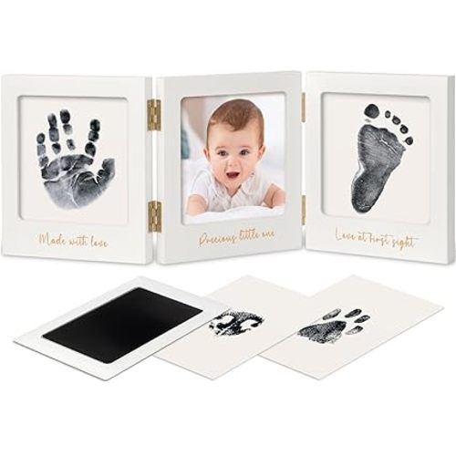 Inkless Baby Handprint and Footprint Kit for Newborn - Baby Footprint Kit,Newborn Keepsake Nursery Picture Frame,Dog Paw Print Maker,Personalized Gifts for New Mom,Showers & Registry(White/Gold)