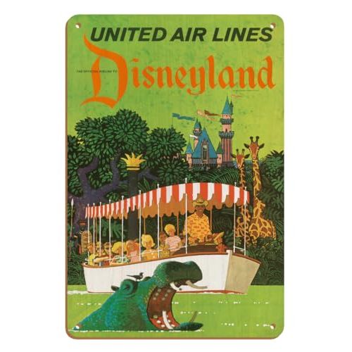 California - Jungle Cruise Hippo - United Air Lines - Vintage Airline Travel Poster by Stan Galli c.1960s - 8 x 12 inch Vintage Wood Art Sign