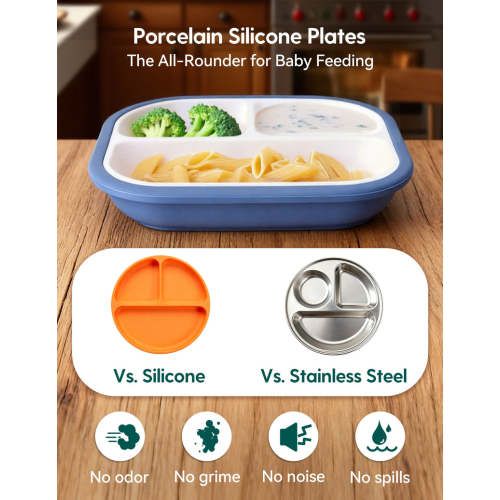 babeliobaby Gallery Porcelain | 8'' Toddler Porcelain Divided Plates with Suction Base - 3 Pack - Shop
