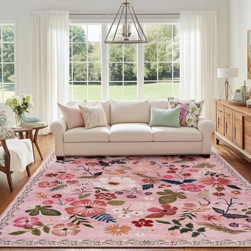 Living Room Rug 6x9 Washable Boho Floral Non Slip Large Aesthetic Pink Area Rugs Vintage Soft Low Pile Stain Resistant Sound Absorbing Big Carpet Rug for Bedroom Dining Room Kids Nursery Girls Dorm