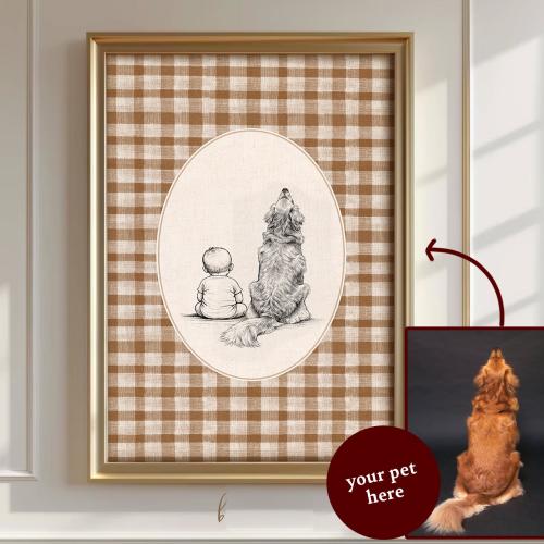 Custom Baby and Pet Portrait Print, Nursery Wall Art, Gingham Style Keepsake