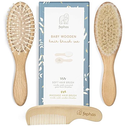 fephas Baby Hair Brush and Comb – 3pcs Wooden Baby Brush Set for Newborns – Hair Brush Set with Natural Soft Goat Bristles/Wooden Bristles and Comb – Lovely Baby Registry Items