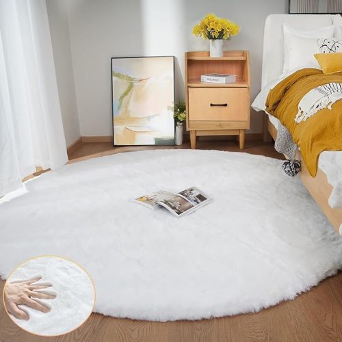 White Round Shag Rugs 6ft Faux Rabbit Washable Fur Area Rugs for Living Room Circle Fluffy Rugs for Bedroom Boho Rug Home Room Décor