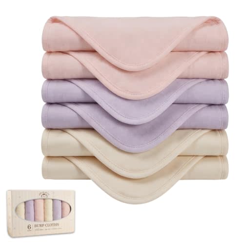 Baby Burp Cloths, 6-Pack 100% Cotton Muslin, Soft Absorbent Durable, 22x10 Inches, CPC Certified, Gift-Ready (Nude, Purple, Light Pink)