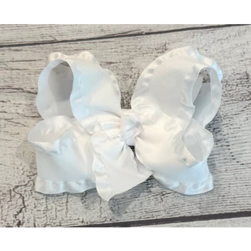 White Double Ruffle Hair Bow, Satin Edge Ruffle Ribbon Hairbow, Baby Hair Bow, Medium 4 Inch Bow, Frilly Bows for Girls, Baby Gifts, Wedding