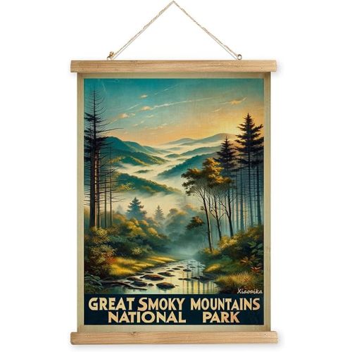 XIAOAIKA Vintage Great Smoky Mountains National Park Travel Poster with Wooden Scroll Frame – Holiday Decoration or Gift for Living Room, Bedroom, Office Wall Decor, Retro Art Print 16 x 23 Inches