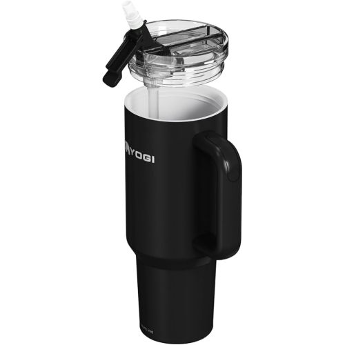 YOGI Ceramic Lined Metal Allergy Safe 40oz Tumbler with Handle and Straw Leakproof Flip & Sip Lid Vacuum Insulated Stainless Steel Travel Cup for Iced Coffee Water and All-Day Hydration 40oz Onyx