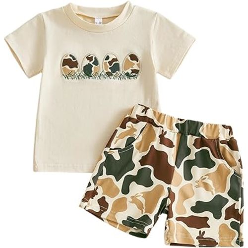 PUHHAPIEY Toddler Baby Boy Summer Clothes Retro Camo Hunting Shirts T-Shirt + Camouflage Shorts Set 6 12 18 24 Months 2T 3T