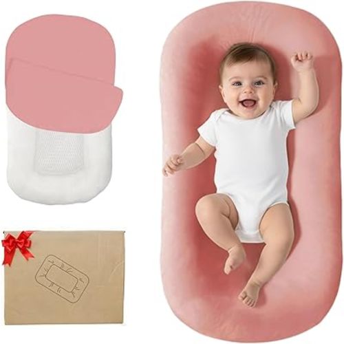 Lucakuins Baby Lounger, Bionic Design Baby Lounger for Newborn 0-24 Months, Soft Organic Cotton Breathable Lounger for Infants (Lovely Pink Lounger)