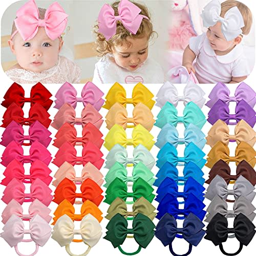 40 Colors Baby Headbands with Big 5 Inches Baby Hair Bows and Soft Elastic Nylon Headbands Hair Accessories for Newborn Infant Girls and Toddlers