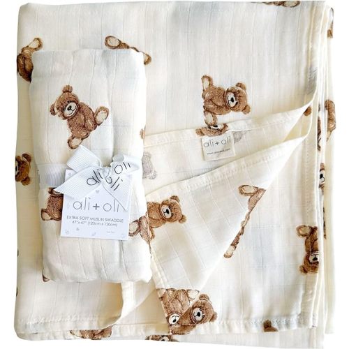 Ali+Oli Muslin Swaddle Blanket for Baby (Teddy Bear) Large 47" x 47" Soft Rayon Made from Bamboo & Organic Cotton, Machine Washable Receiving Blanket Wrap for Newborn to Toddler