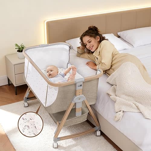 Jestonten Baby Bassinet Bedside Sleeper with Waterproof Bassinet Crib Sheet and Soft Mattress, 6 Adjustable Height Bedside Bassinets with Wheels, Khaki