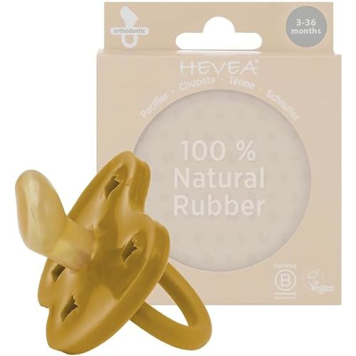 HEVEA Natural Rubber Pacifier ORTHODONTIC 3-36 Months – Hygienic One Piece Design for Newborns to Toddlers, BPA-Free, Soft & Durable - Single-Pack ( Golden Honey)
