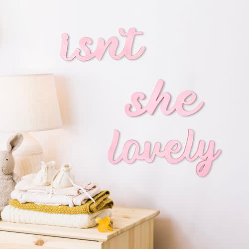 AOCEAN Wood Sign Boho Decor Isn’t She Lovely Wall Art Bedroom Baby Girl Princess Room Nursery Shelf Home Decoration (Pink)