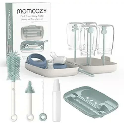 Momcozy Bottle Brush Set - Baby Bottle Cleaner Kit with Silicone Brush, Nipple Brush, Straw Brush, Soap Dispenser, Drying Rack - 7 in 1 Bottle Cleaning Tool for Home and Travel, Green